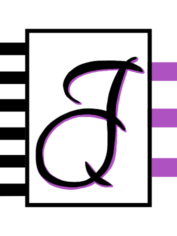 Logo JQ in Schwarz/lila in einem Kasten mit schwarzen und lila Strichen an den Seiten